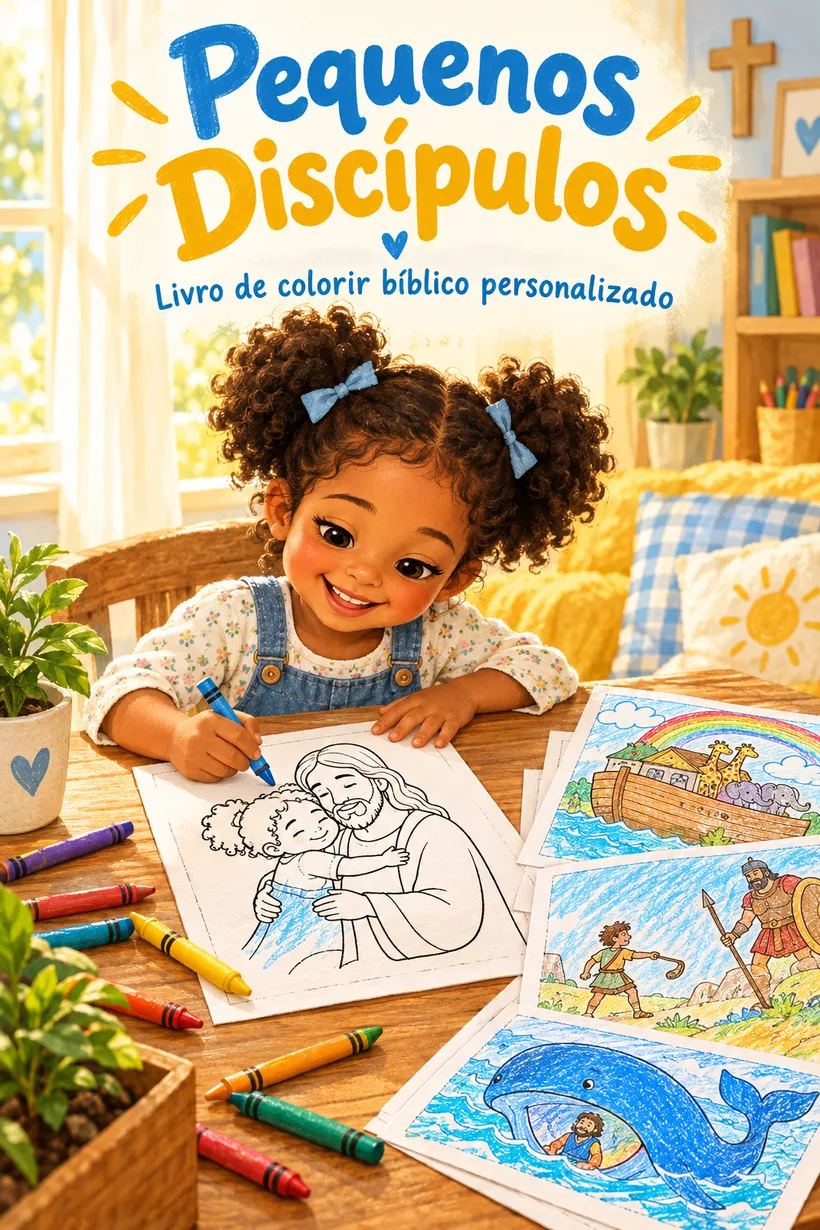 Menina colorindo uma página em que ela aparece abraçada por Jesus